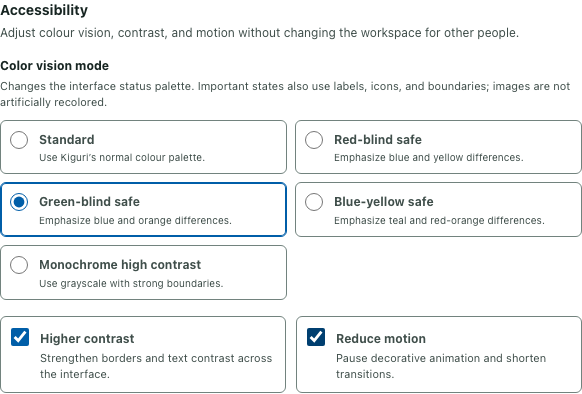 Accessibility form showing Green-blind safe selected, Higher contrast and Reduce motion checked.