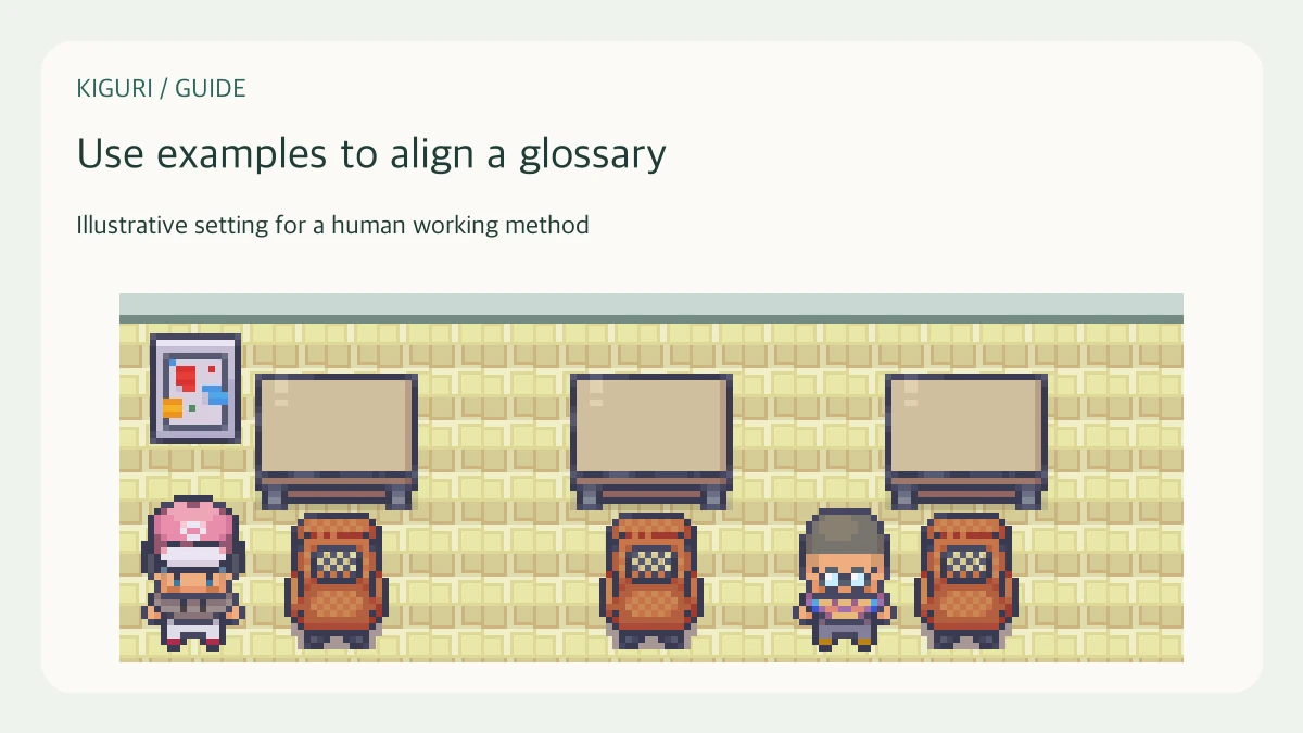 An office illustration accompanying the guide “Align a project glossary through concrete examples”