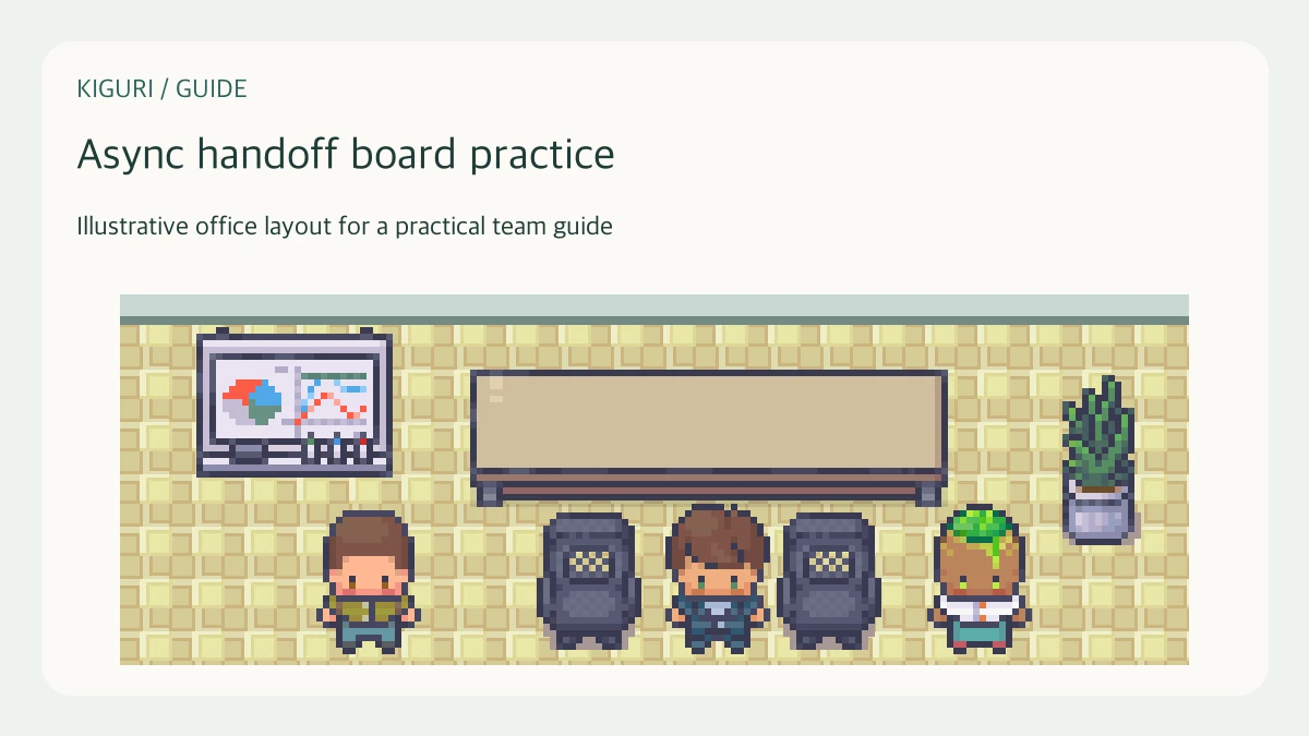 Illustrative pixel-art office scene for async handoff board practice