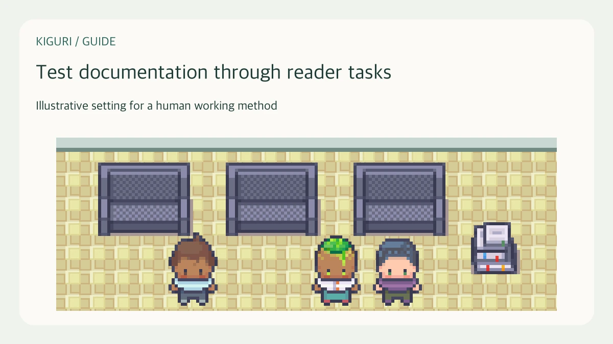 An office illustration accompanying the guide “Audit project documentation through reader tasks”