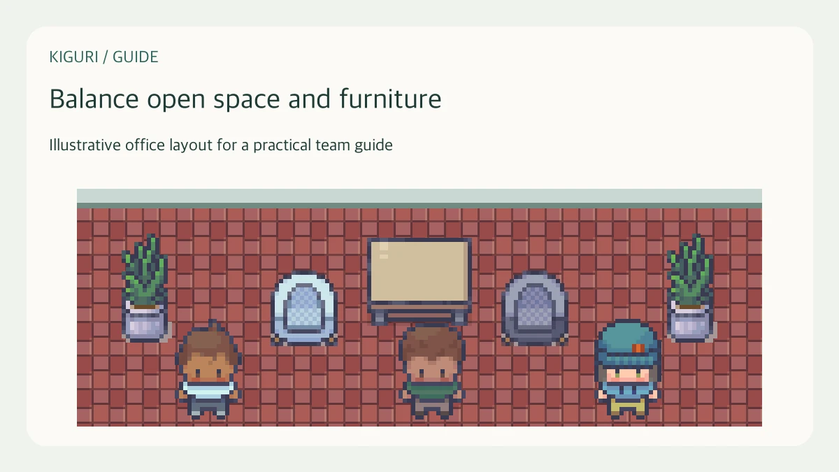 Illustrative pixel-art office scene for balance open space and furniture