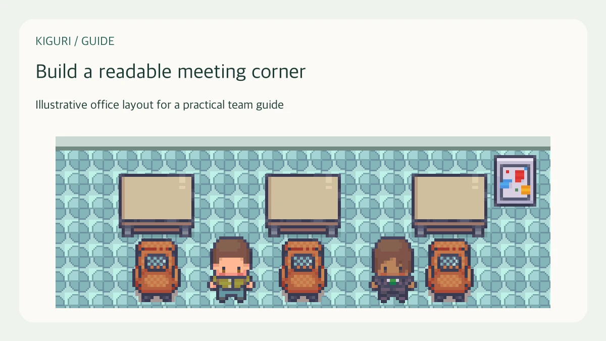 Illustrative pixel-art office scene for build a readable meeting corner