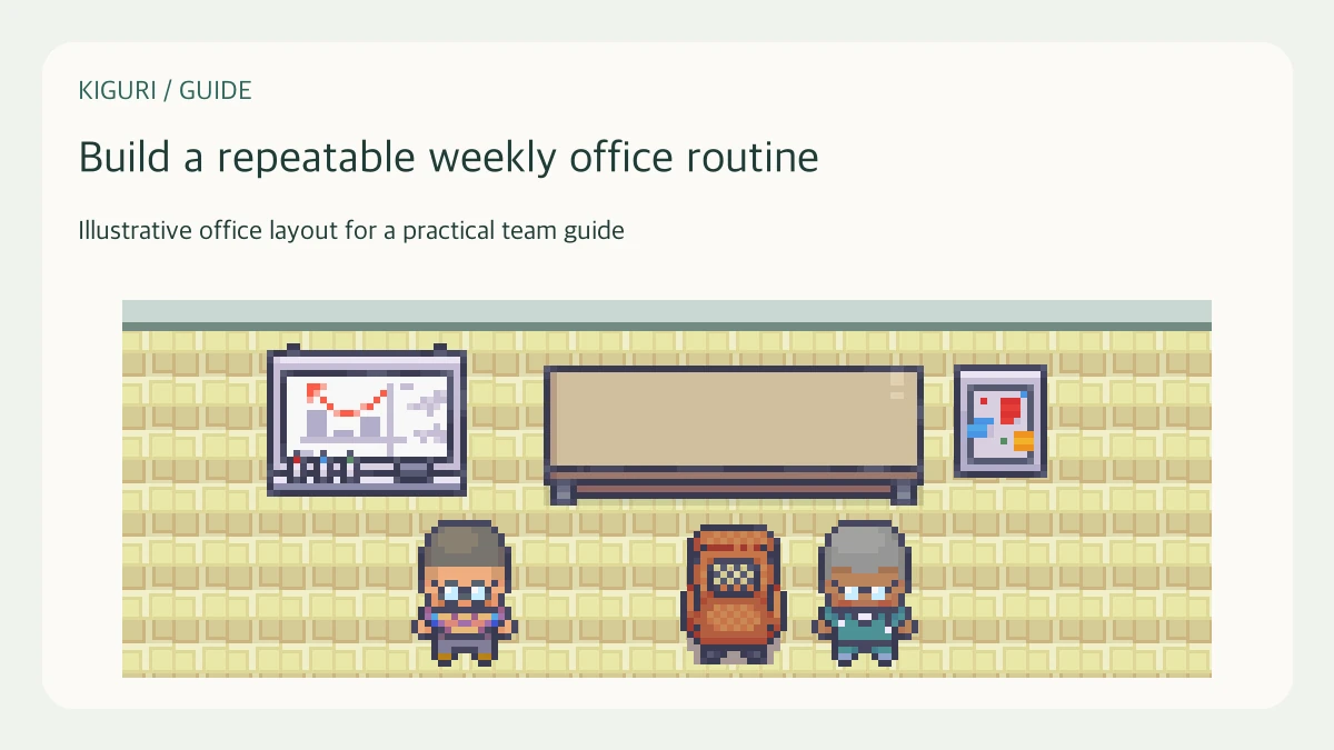 Illustrative pixel-art office scene for build a repeatable weekly office routine