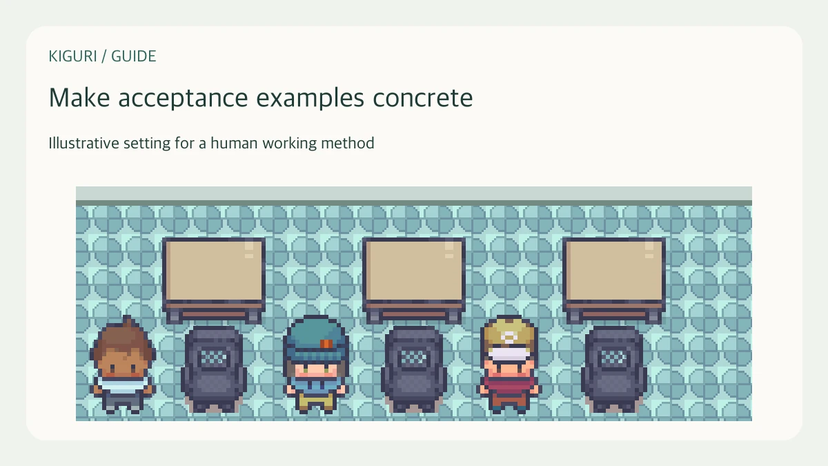 An office illustration accompanying the guide “Build acceptance examples before implementing a change”