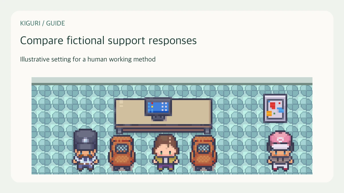 An office illustration accompanying the guide “Calibrate support responses using fictional cases”