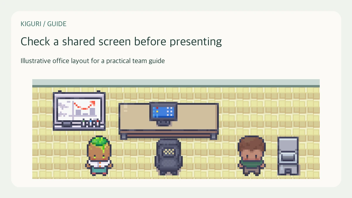 Illustrative pixel-art office scene for check a shared screen before presenting