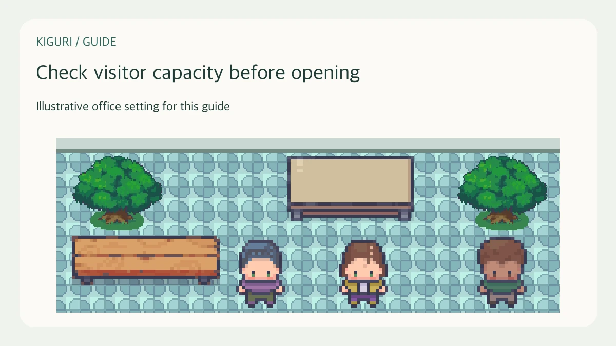 Illustrative garden-arrival planning with three fictional colleagues, complete trees, a bench and a reading table