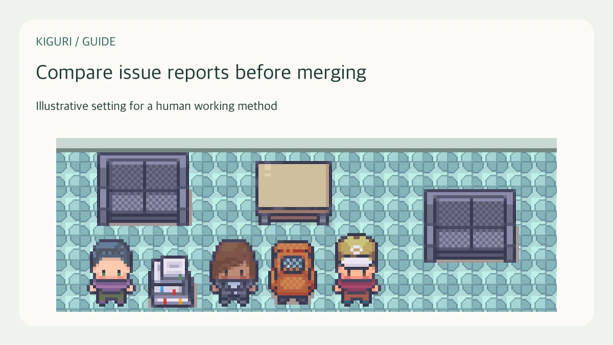 Illustrative office scene for compare issue reports before merging