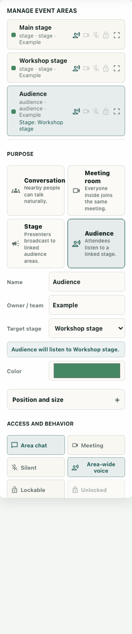 Actual Manage event areas controls with a fictional audience and Workshop stage target