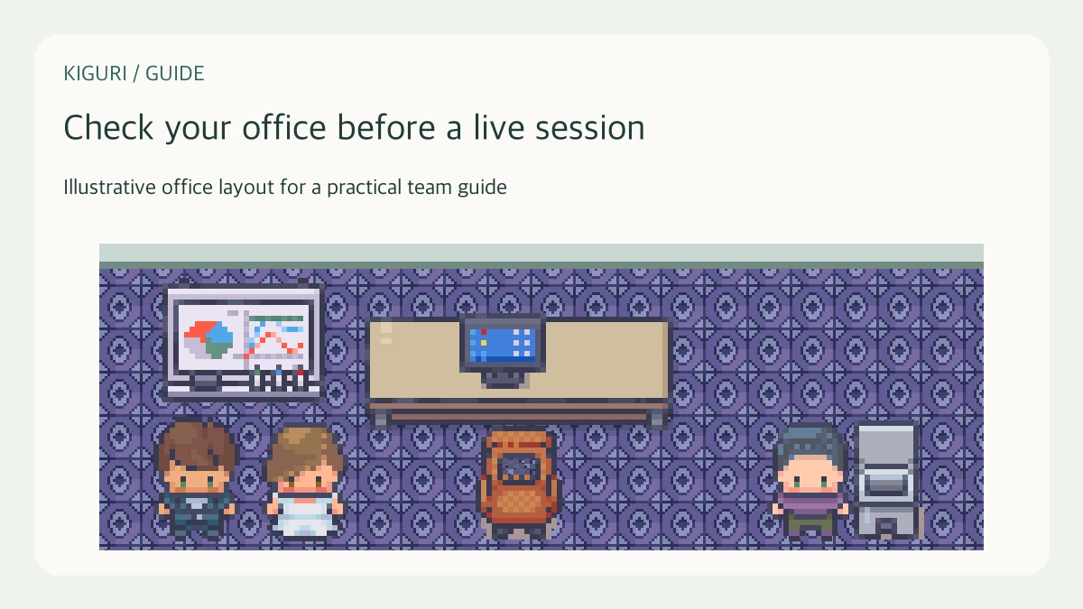 Illustrative pixel-art office scene for check your office before a live session