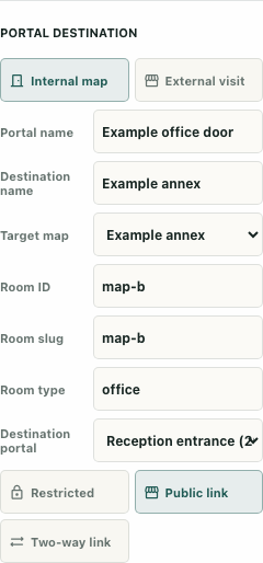 Actual portal destination controls with Reception entrance selected on a fictional map