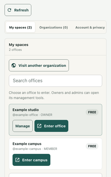 Actual My spaces rows for a fictional owner studio and member campus