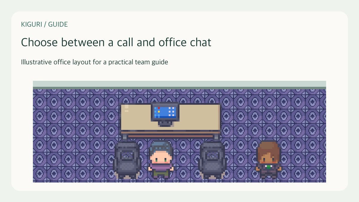Illustrative pixel-art office scene for choose between a call and office chat
