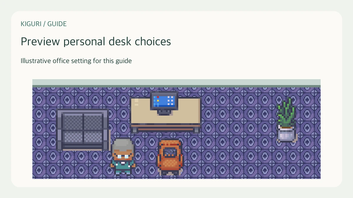 Illustrative office setting to preview personal desk choices