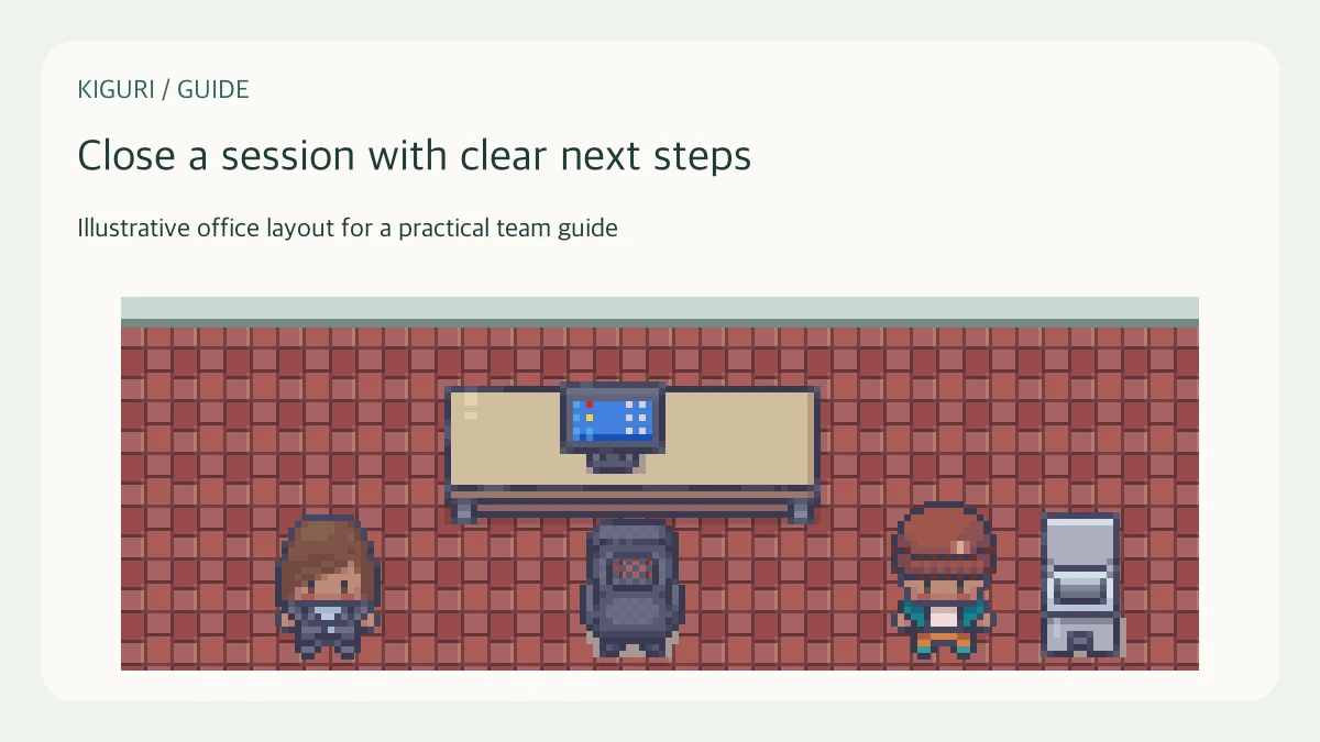 Illustrative pixel-art office scene for close a session with clear next steps
