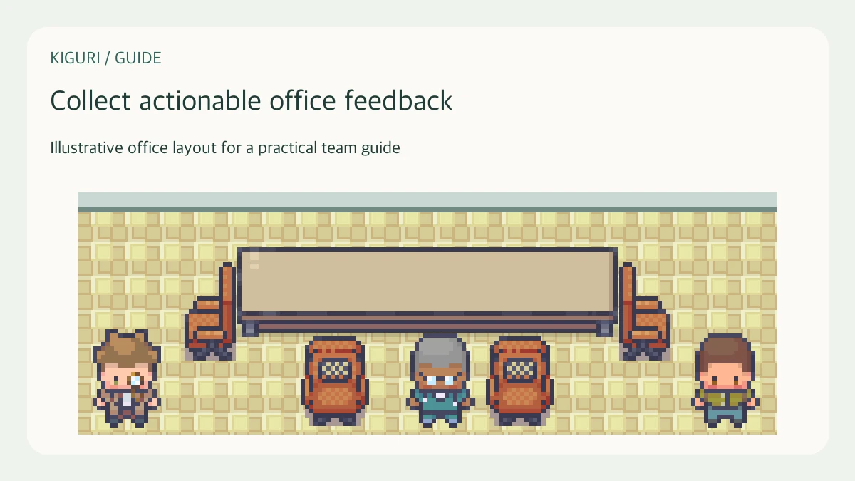 Illustrative pixel-art office scene for collect actionable office feedback