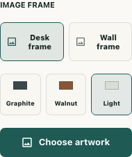 Create a framed artwork asset and prepare its placement — actual interface with fictional local example data