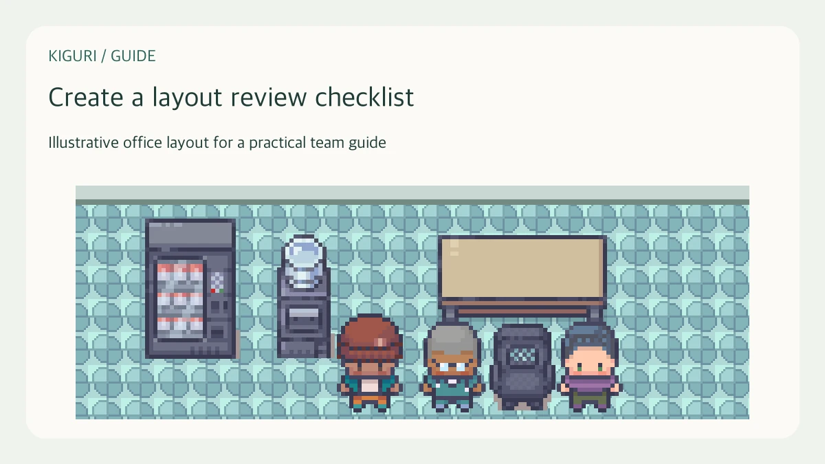 Illustrative pixel-art office scene for create a layout review checklist