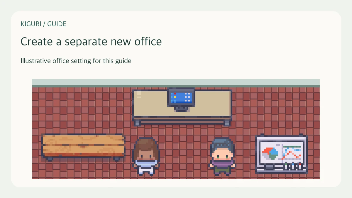 Illustrative office planning scene with two colleagues, a complete bench and a workstation.