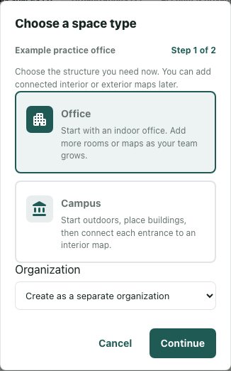 Original Kiguri setup dialog showing Office selected and Create as a separate organization.