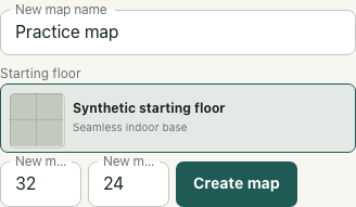 Actual unsent new-map form showing Practice map, a synthetic starting floor, dimensions 32 and 24, and Create map.