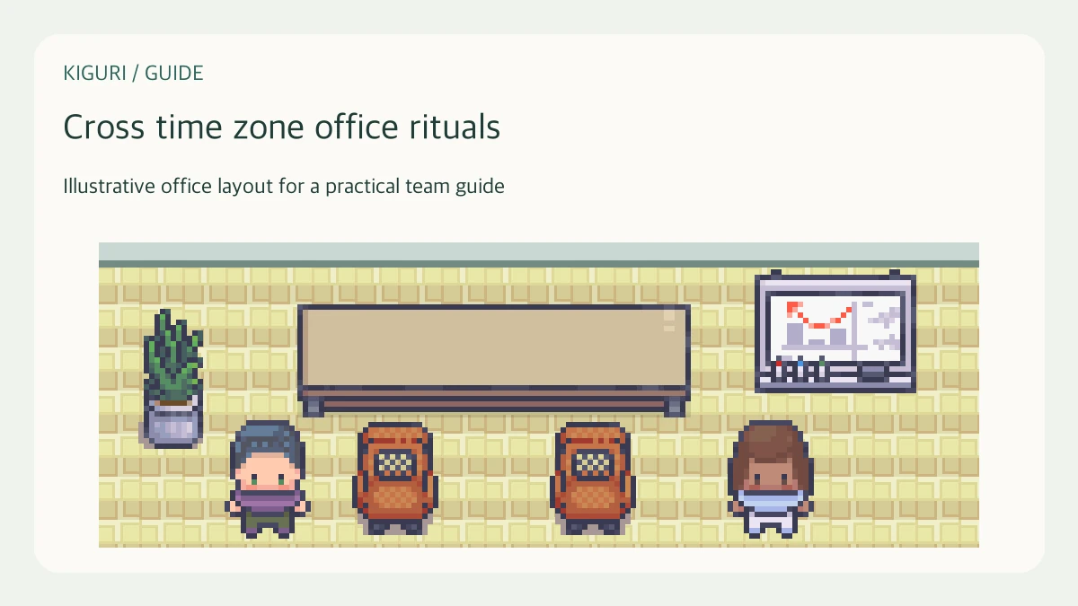 Illustrative pixel-art office scene for cross time zone office rituals
