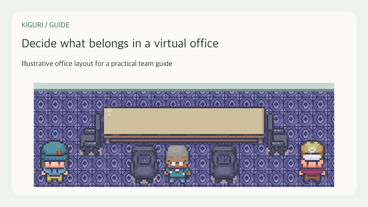 Illustrative pixel-art office scene for decide what belongs in a virtual office