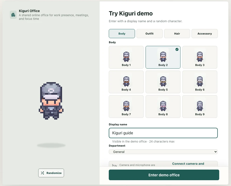 The demo entry screen and the Enter demo office button