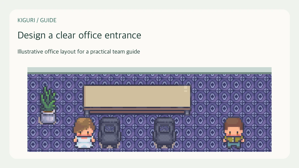 Illustrative pixel-art office scene for design a clear office entrance