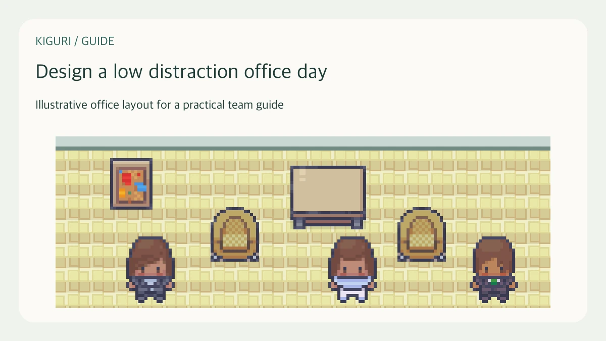 Illustrative pixel-art office scene for design a low distraction office day