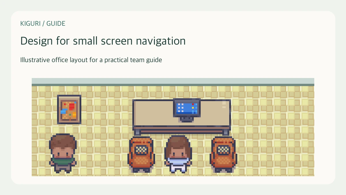 Illustrative pixel-art office scene for design for small screen navigation
