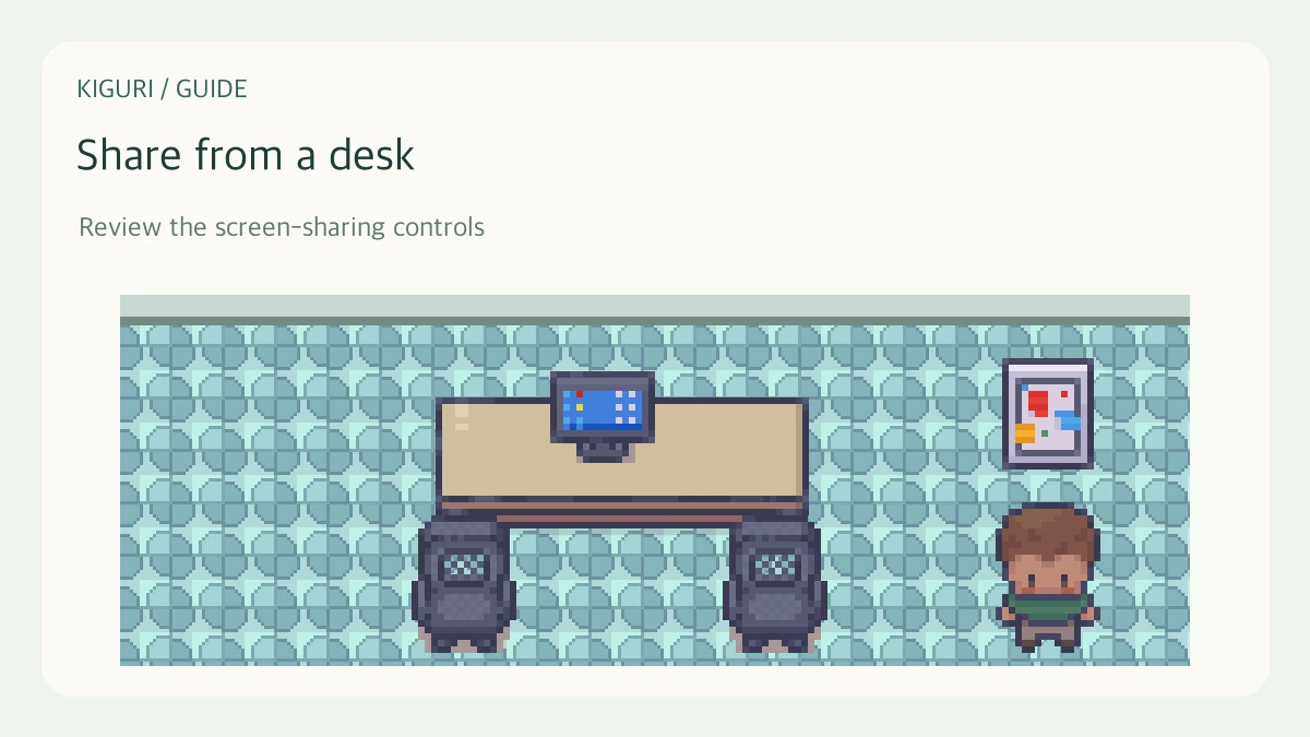 An illustrative presentation corner scene with existing Kiguri furniture and characters