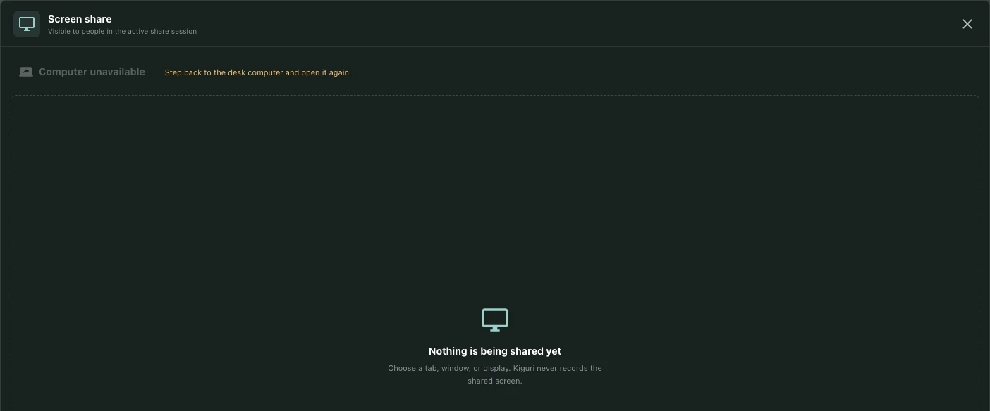 The Screen share component showing Computer unavailable and no shared display