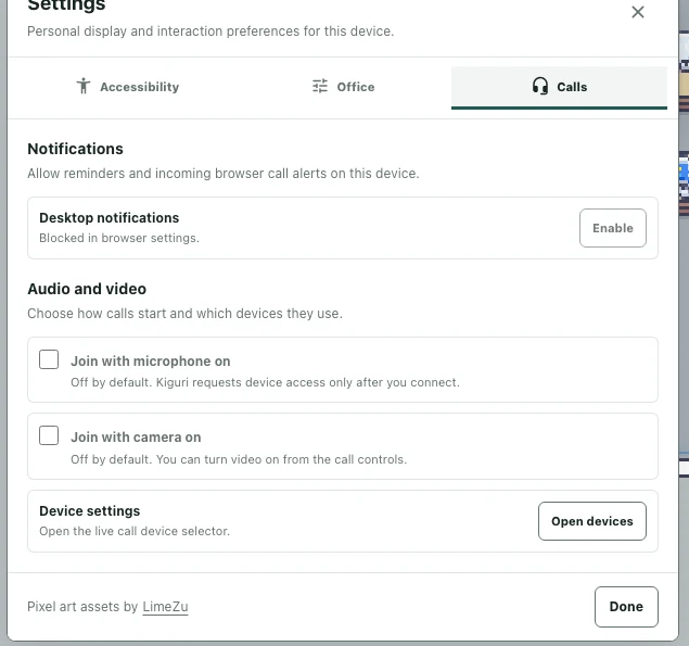 Microphone and camera defaults in the Calls settings tab
