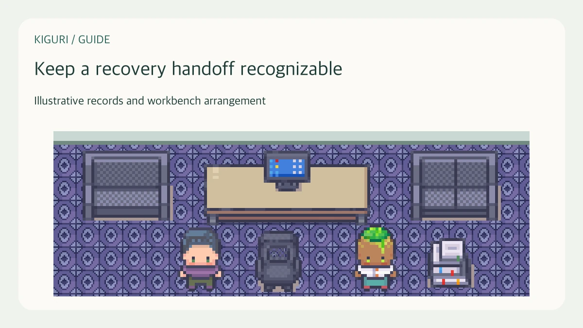 Illustrative indoor records cabinets and complete workbench for an editor handoff