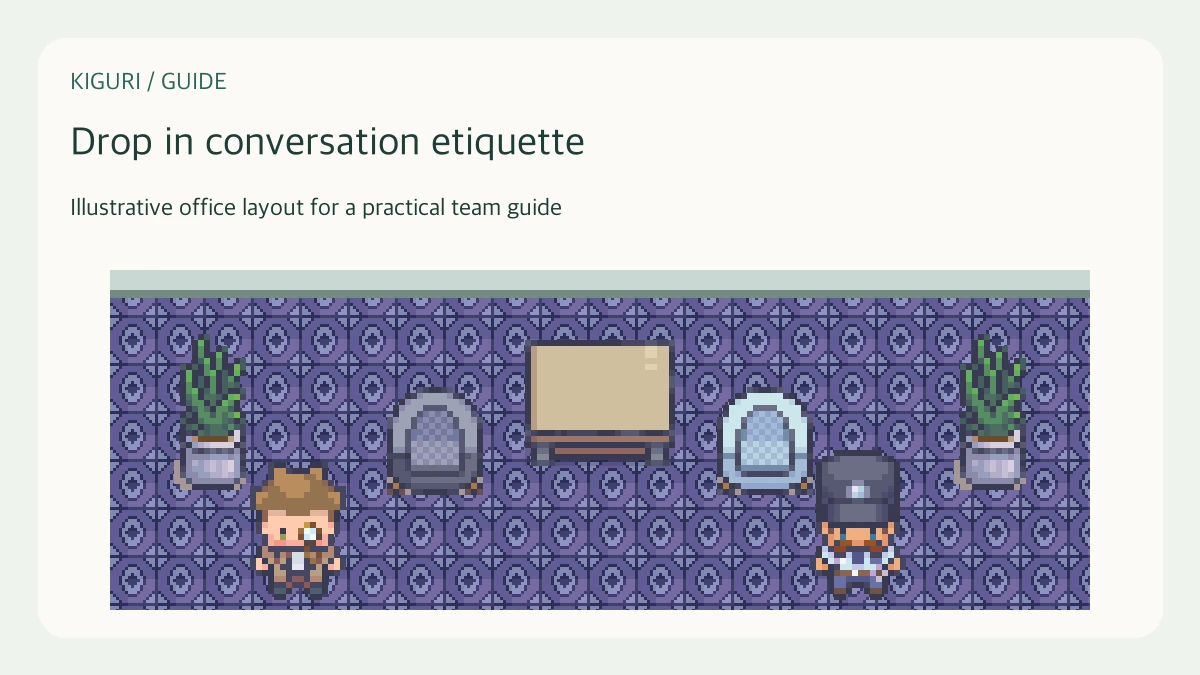 Illustrative pixel-art office scene for drop in conversation etiquette