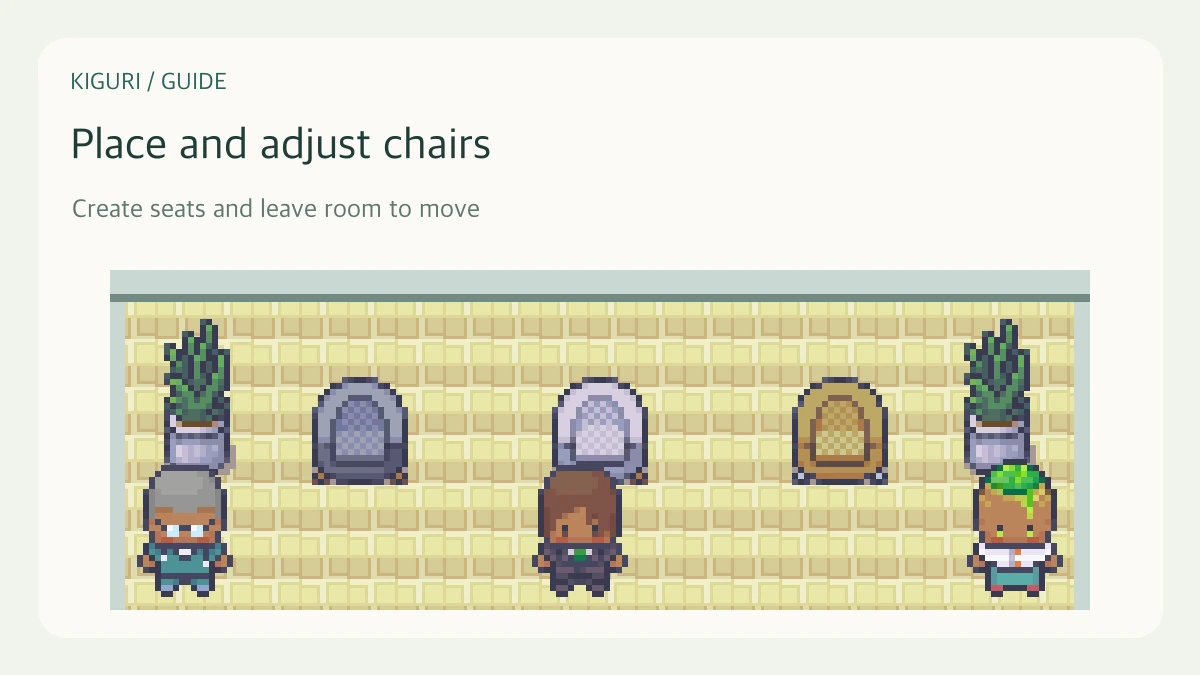 An illustrative office scene with characters and furniture for place and adjust chairs