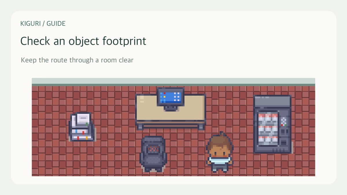 An illustrative workshop with clear aisle scene with existing Kiguri furniture and characters