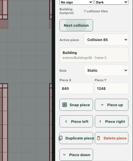 A building footprint with seven collision tiles and the Next collision control