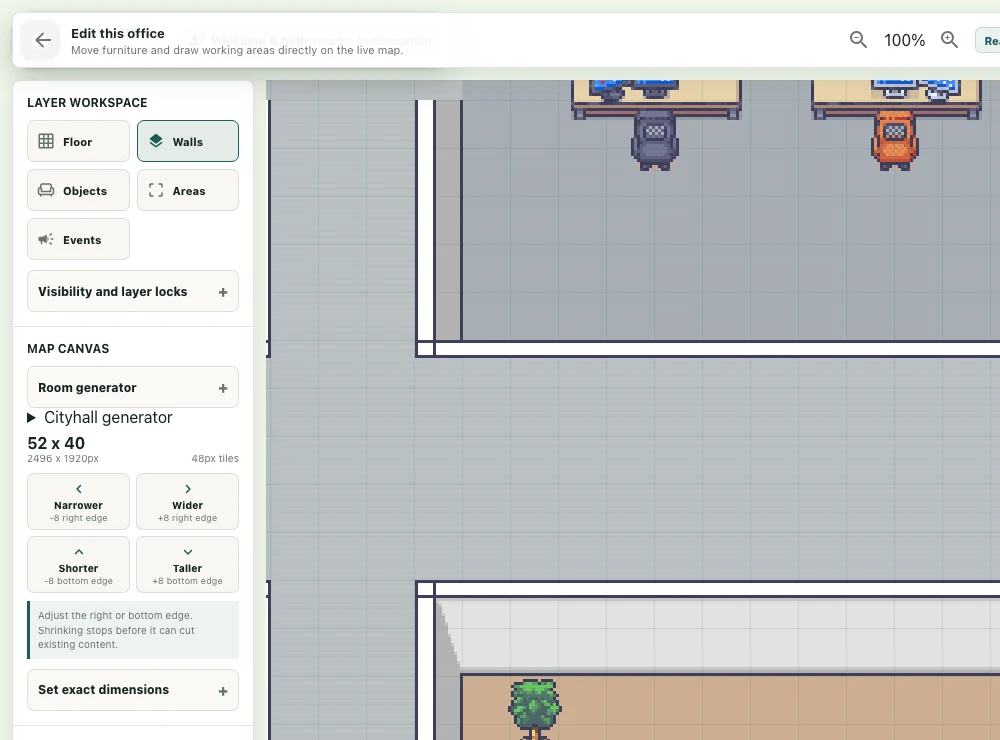 Floor and Walls layer controls beside the map being edited