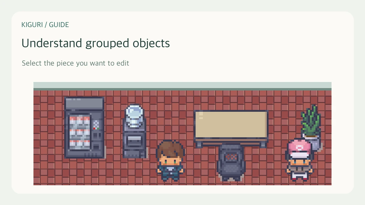 An illustrative breakroom table and machines scene with existing Kiguri furniture and characters
