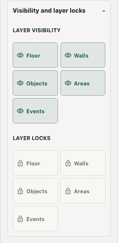 Layer visibility and layer lock controls for floor, walls, objects, areas and events