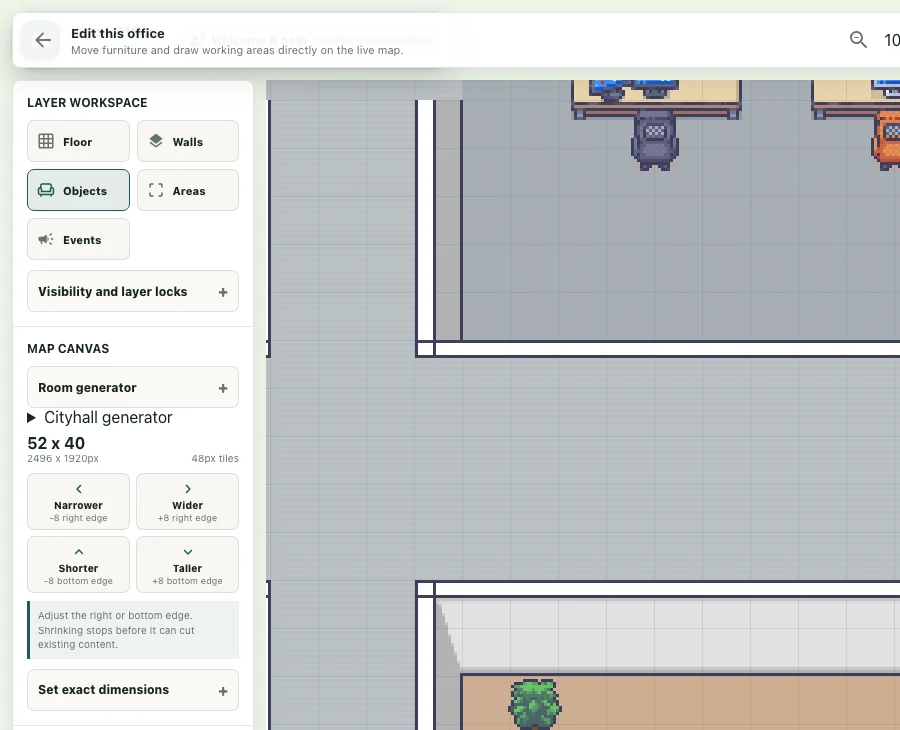 The 52 by 40 map size and width and height controls
