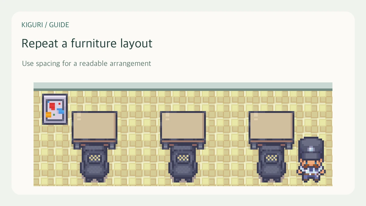 An illustrative three pair classroom scene with existing Kiguri furniture and characters
