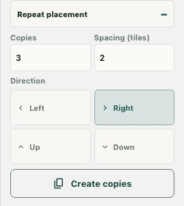 Expanded Repeat placement controls for copies, spacing, direction and Create copies