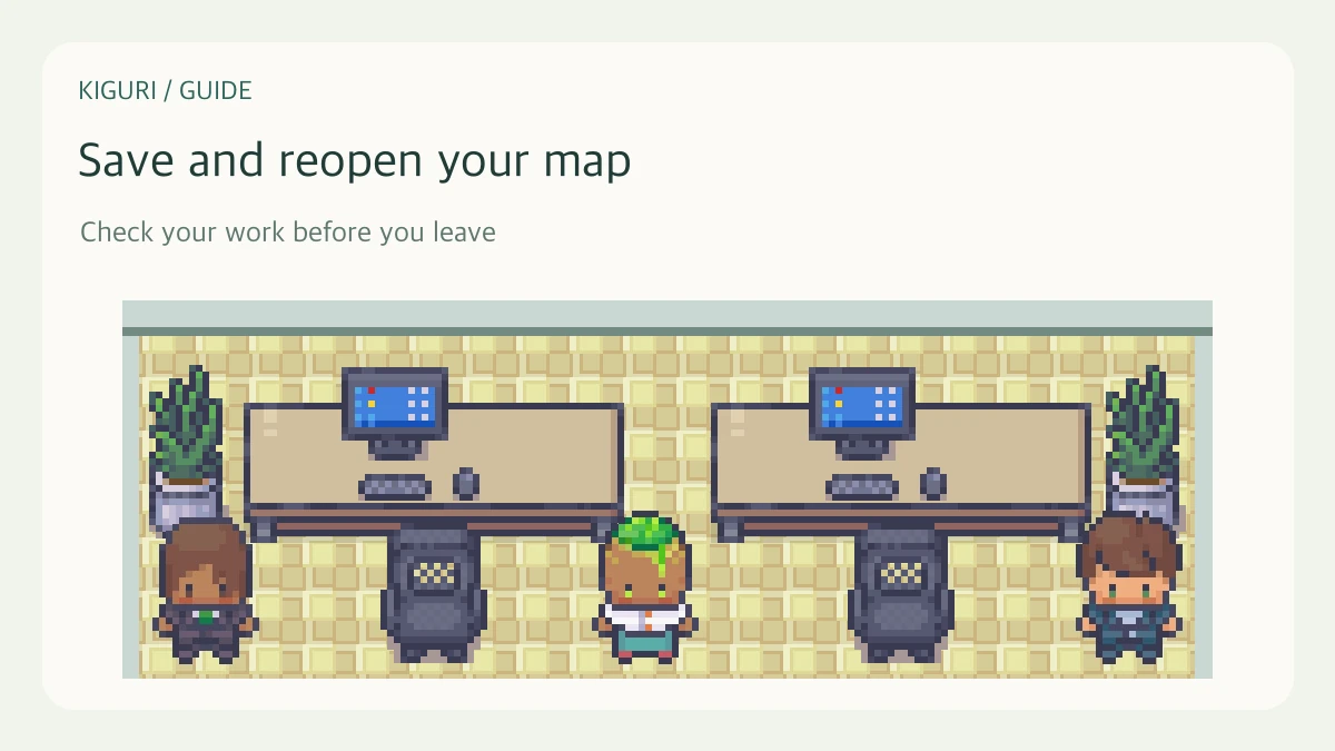 An illustrative office scene with characters and furniture for save and reopen your map