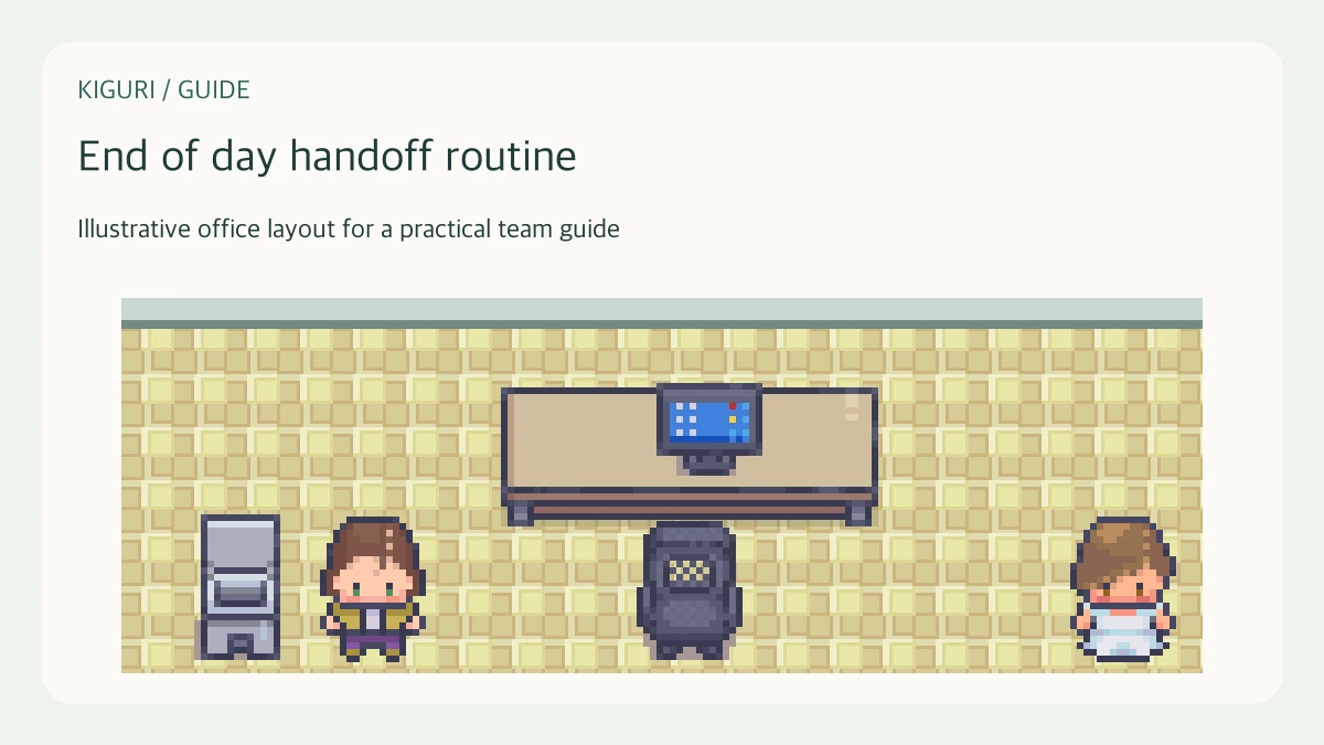 Illustrative pixel-art office scene for end of day handoff routine