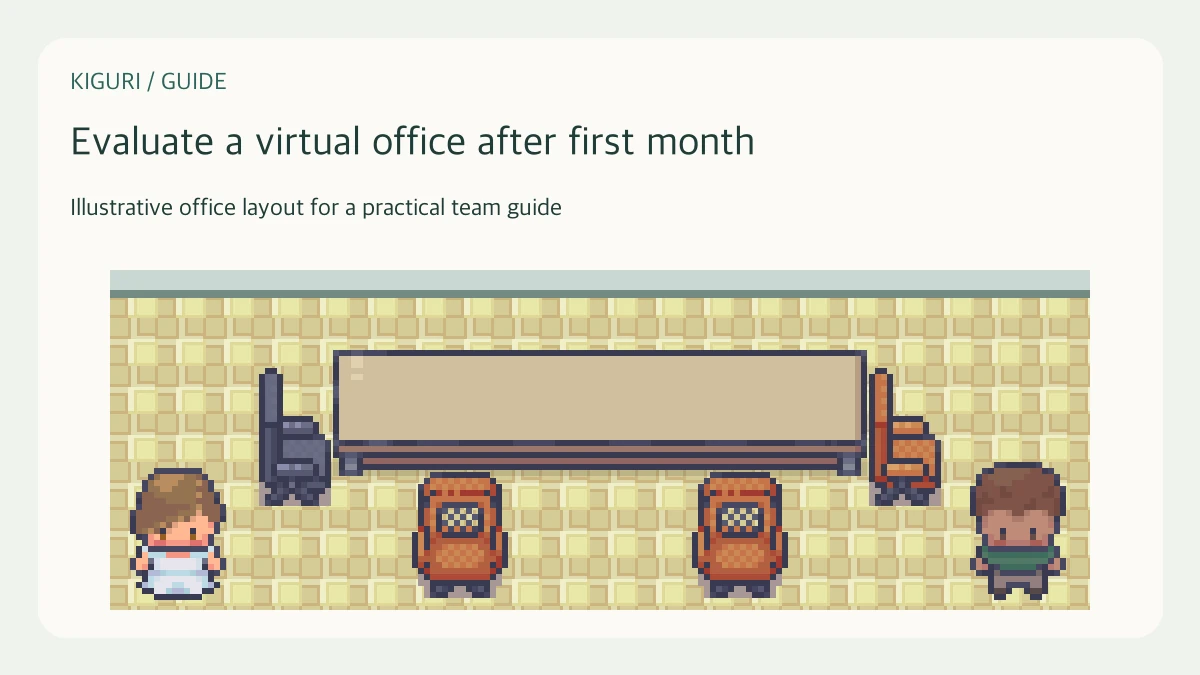 Illustrative pixel-art office scene for evaluate a virtual office after first month