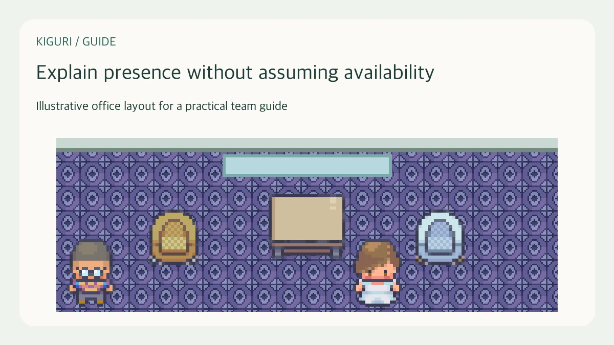 Illustrative pixel-art office scene for explain presence without assuming availability