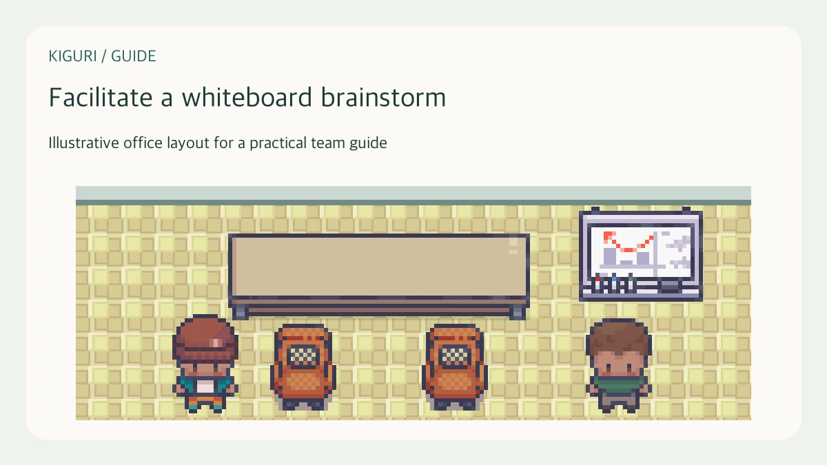 Illustrative pixel-art office scene for facilitate a whiteboard brainstorm